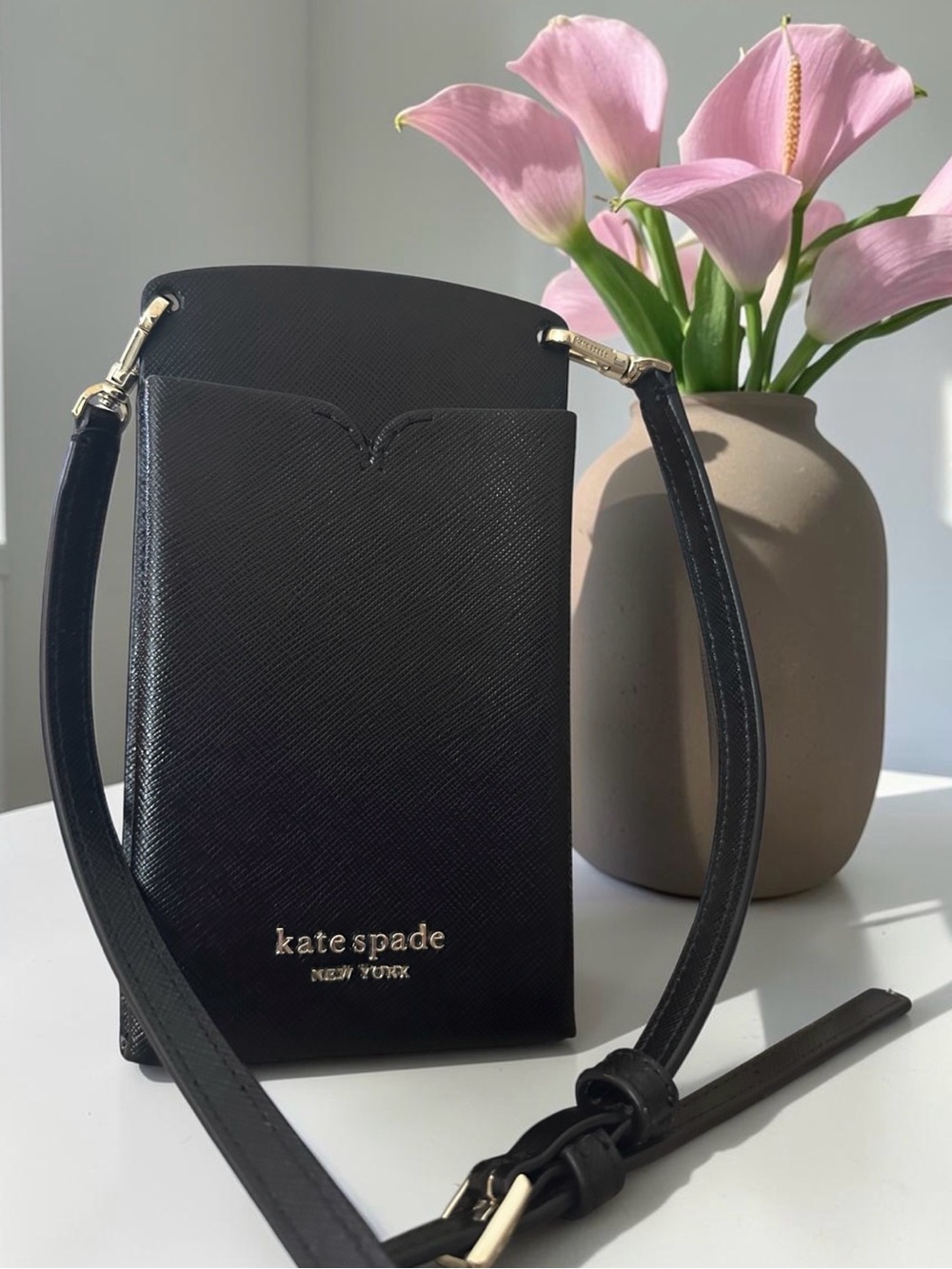 kate spade Black Leather Crossbody Phone Pouch Spencer Slim Bag  Gold Hardware